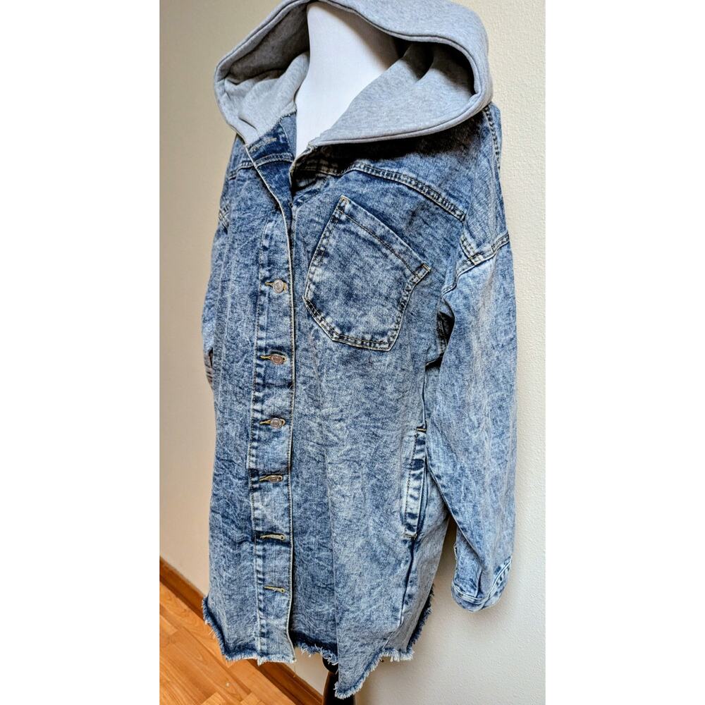 Thrill JeanHooded Denim Jacket | Button Front | Distressed | Blue Gray - Picture 2 of 3